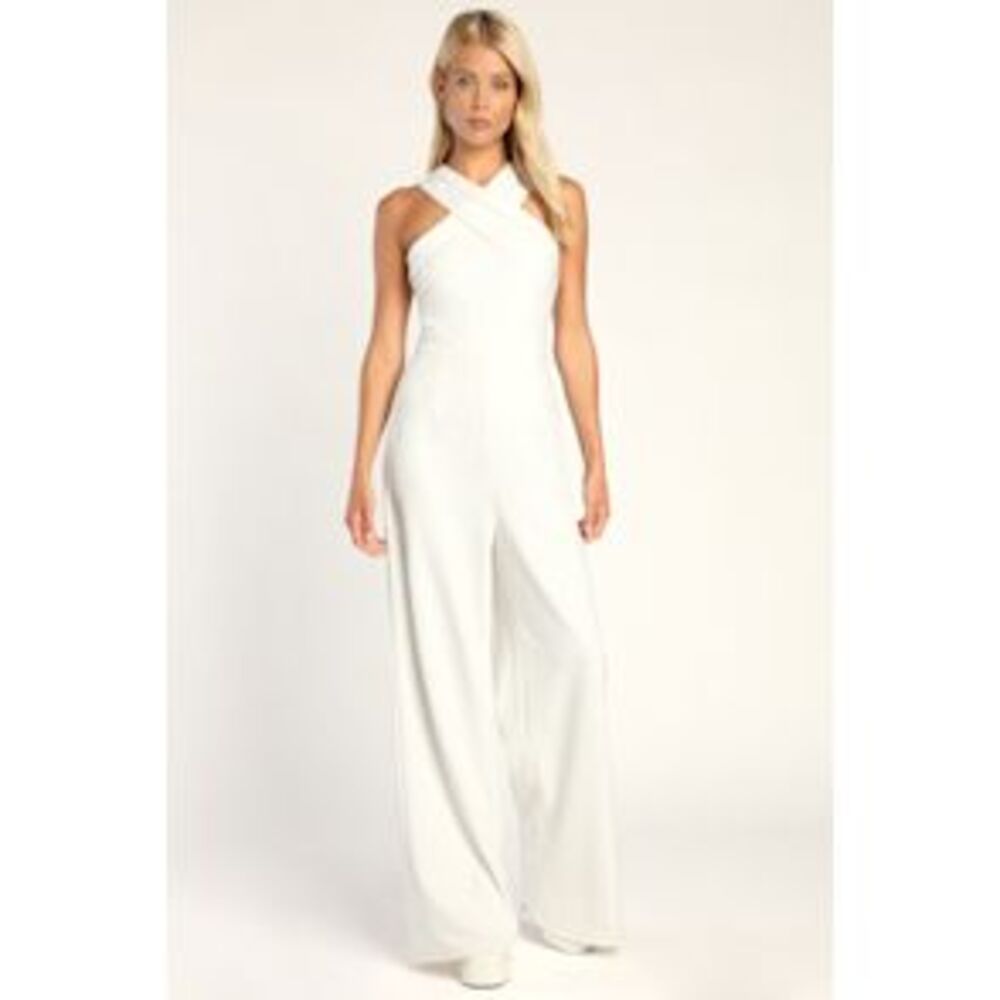 Lulu's White Cross-Neck Wide Leg Jumpsuit